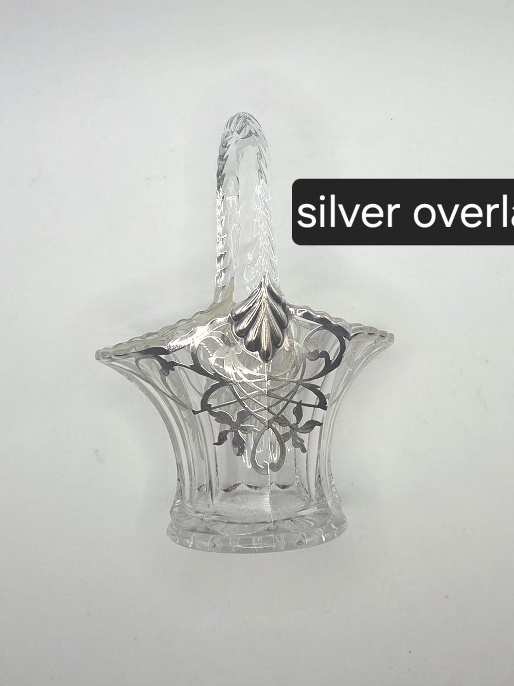PAT'D Bridal Basket Glass With Silver Overlay Pat'd 6 Inch Tall Vintage